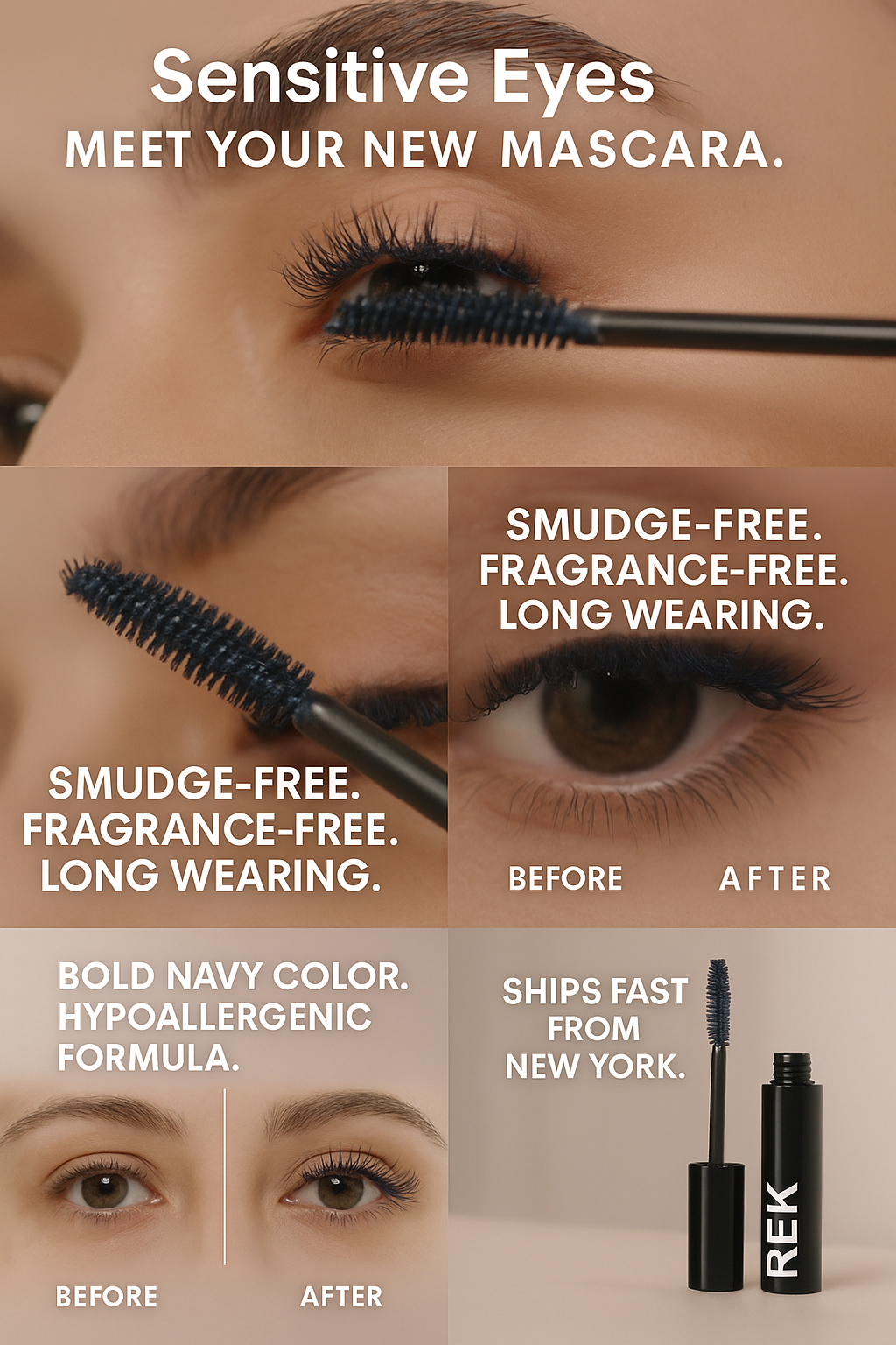 Advertisement for REK mascara showing before and after effects on eyes.