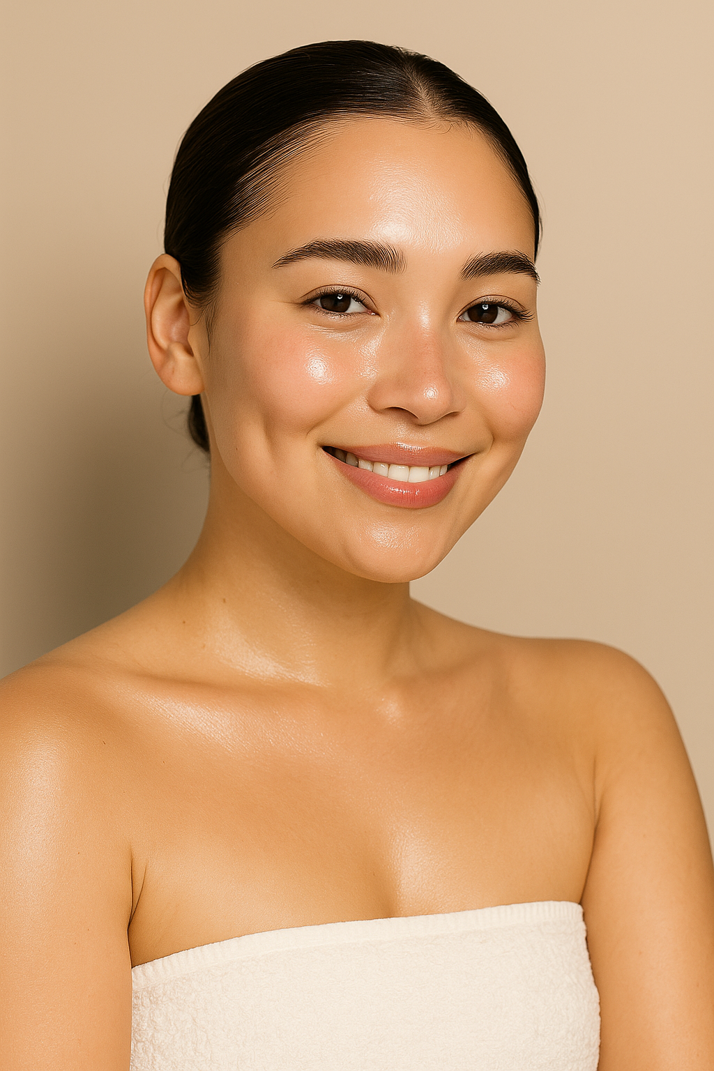 Woman with radiant, glowing skin after using REK Cosmetics' Icelandic Volcano AHA Scrub
