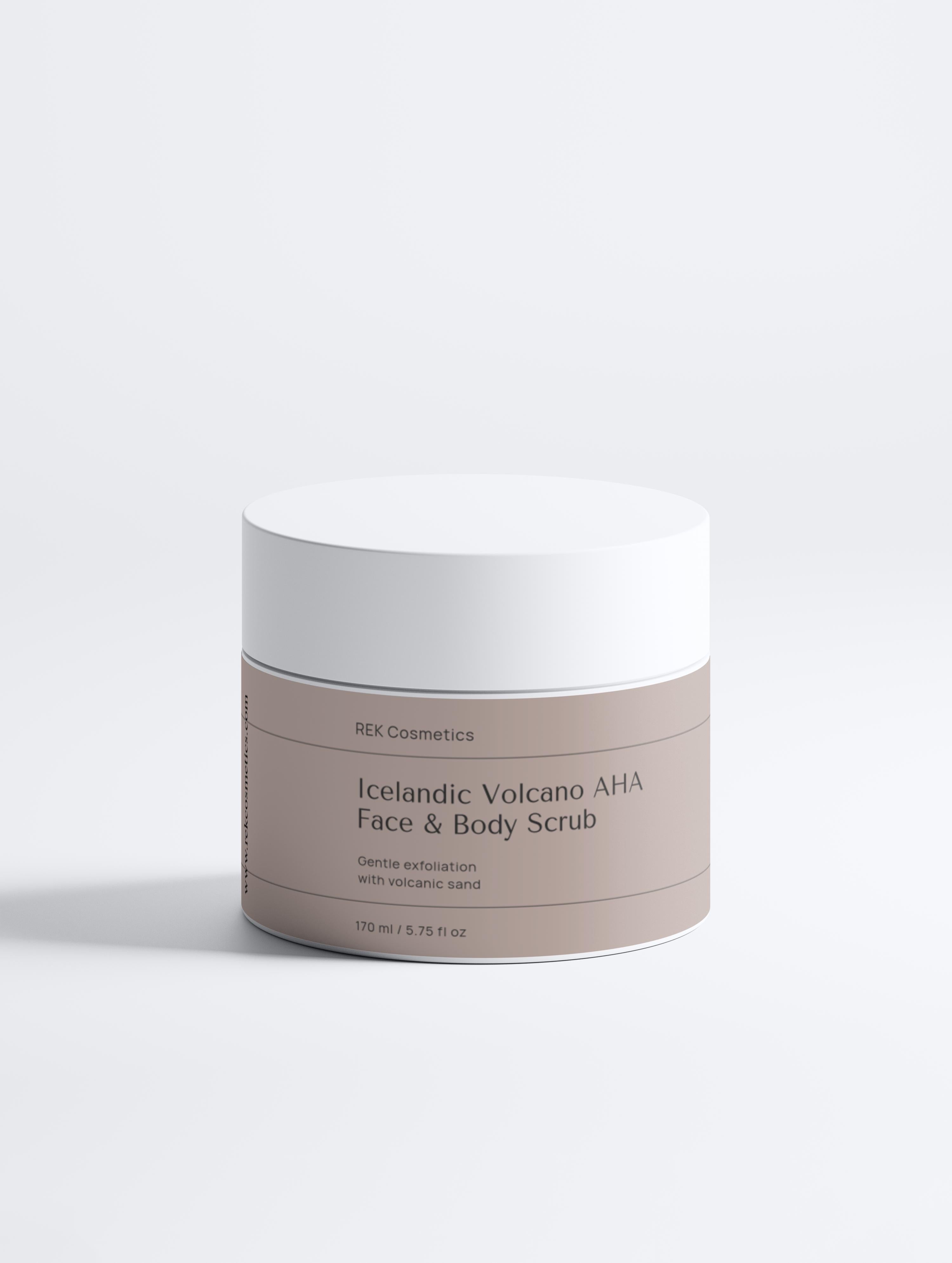 Minimalist display of Icelandic Volcano AHA Face & Body Scrub by REK Cosmetics