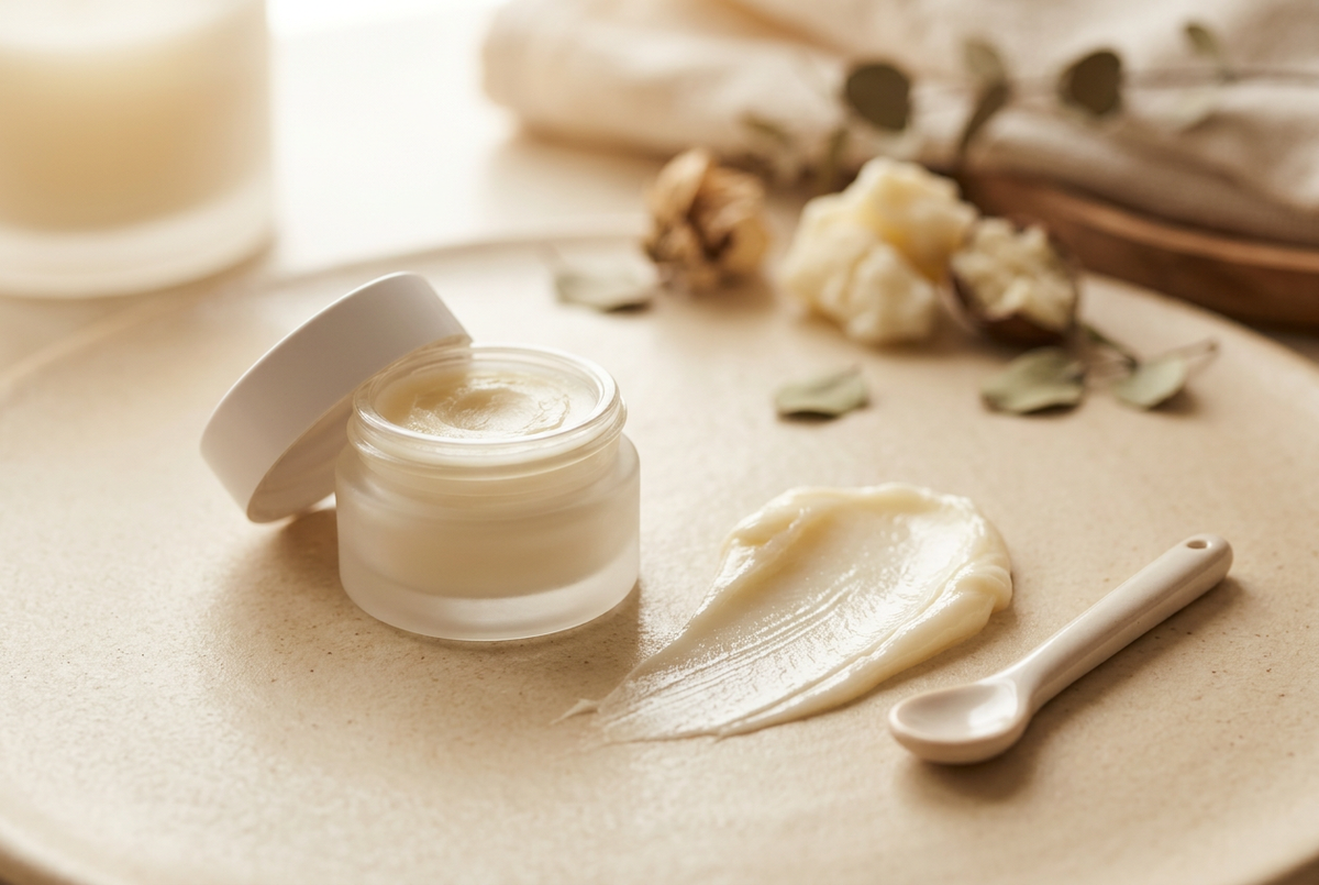Open jar of creamy lip butter beside a texture swipe and cosmetic spatula on a warm neutral surface