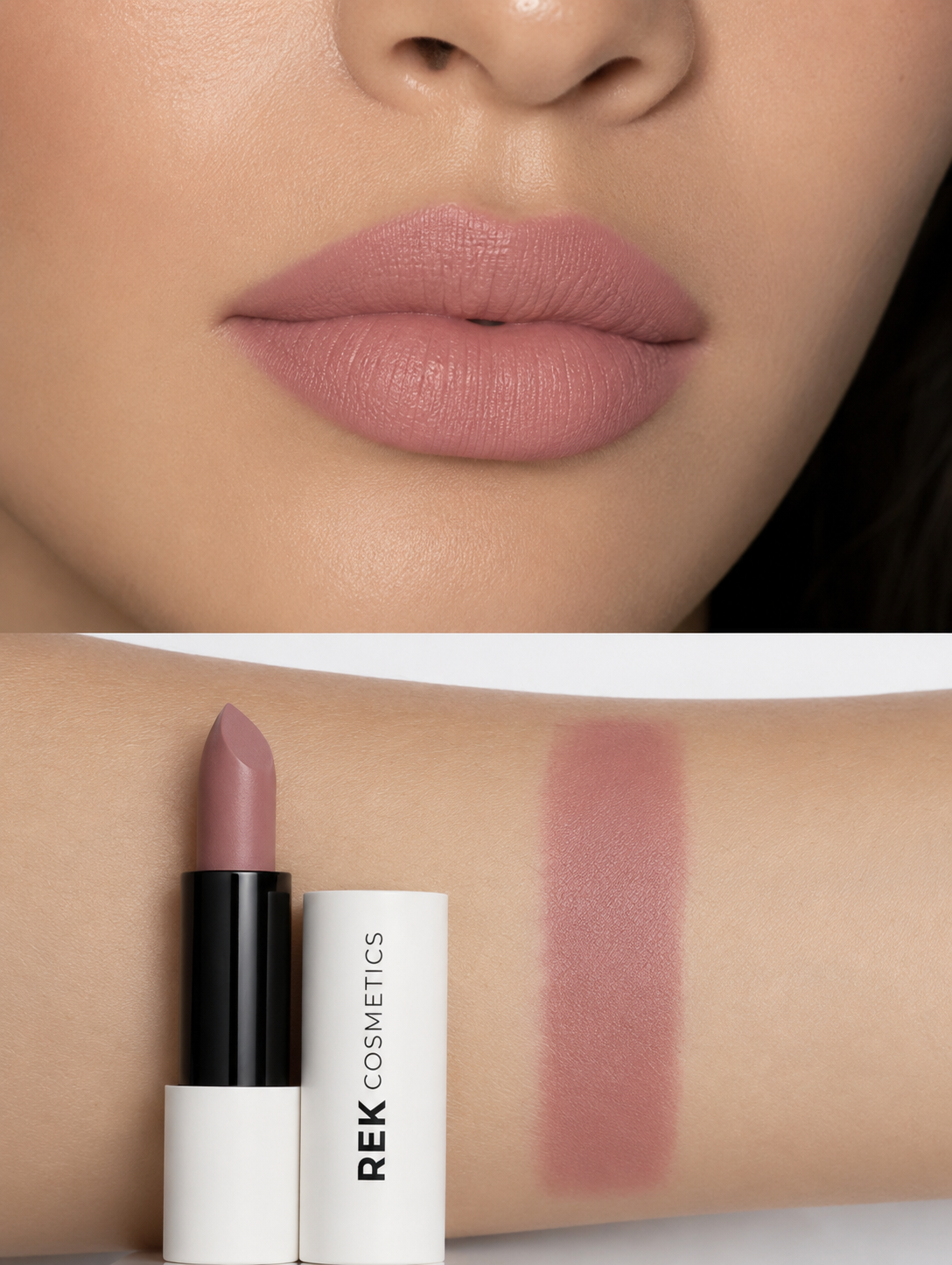 REK Cosmetics velvet satin matte lipstick in dusty rose and terracotta nude shades with teardrop applicator