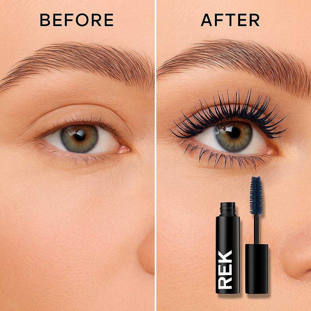 Before and after comparison of eye makeup with REK mascara, showing an eye with longer lashes.
