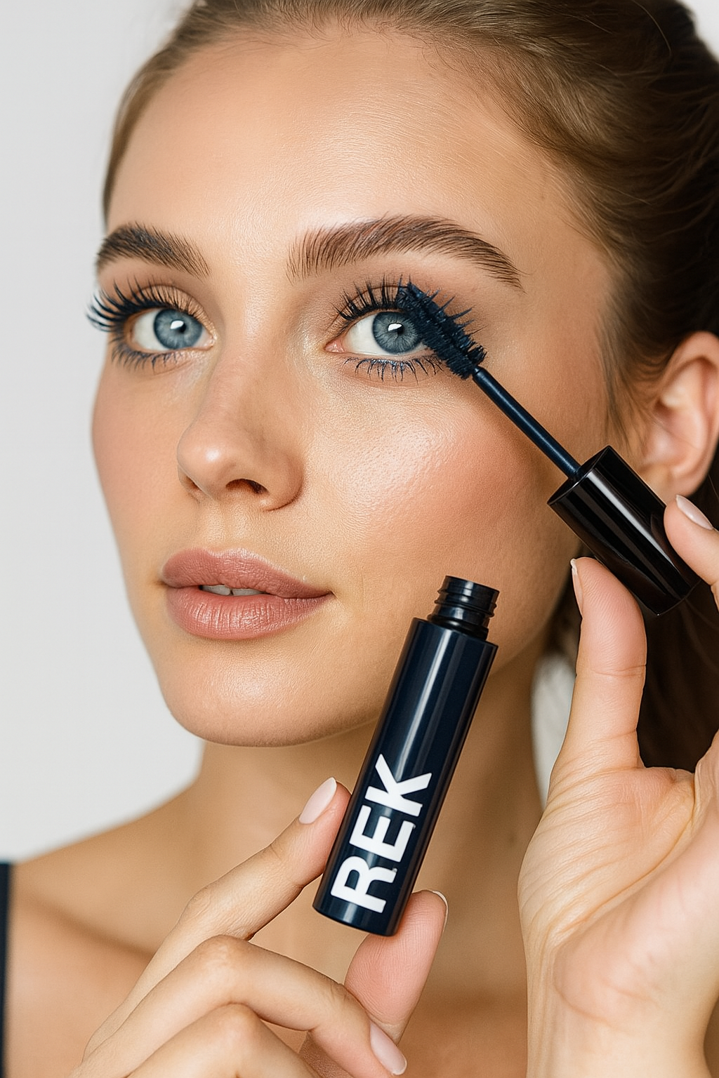 Woman applying REK mascara to her eyelashes with a white background