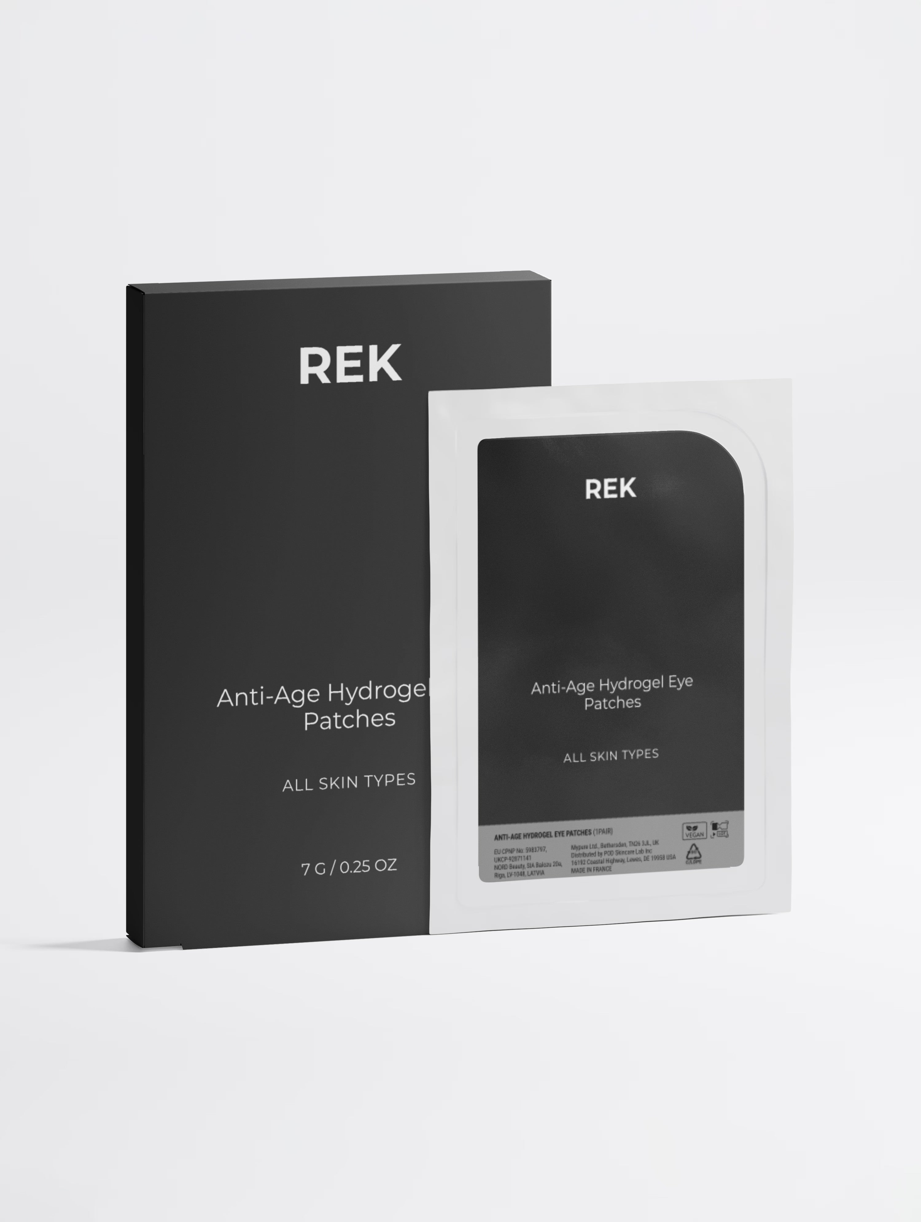 REK Anti-Age Hydrogel Eye Patches shown with their black outer packaging box and an individual white-and-black eye patch packet on a clean light gray background.