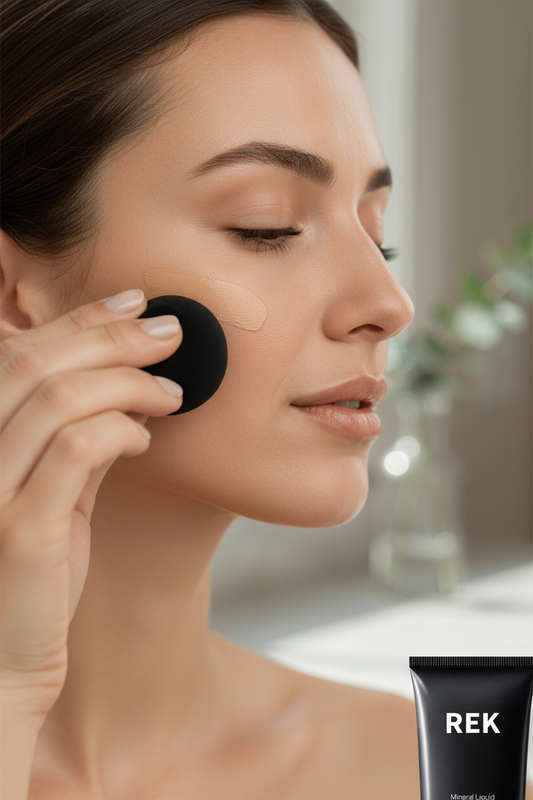 Mineral Liquid Powder Foundation Application - Face Close-up