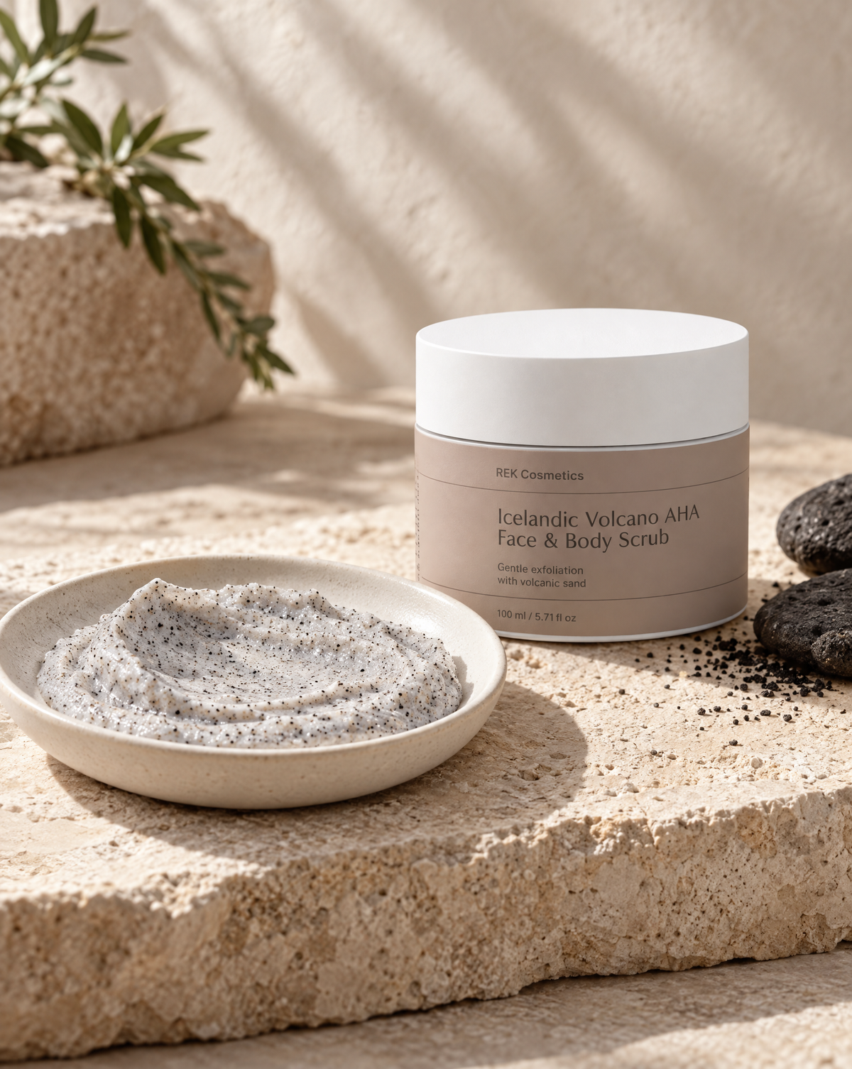 REK Icelandic Volcano Scrub texture luxury product photography